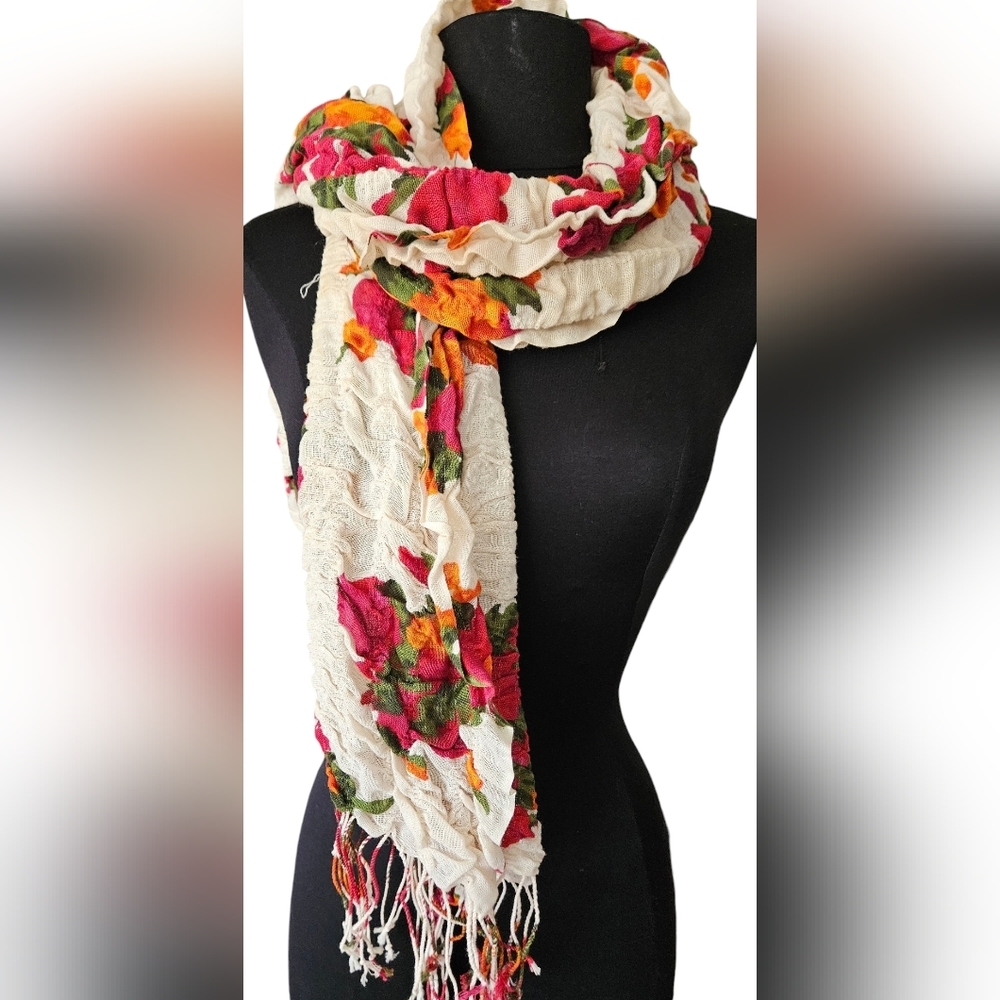 100% COTTON Floral Fringed Scarf